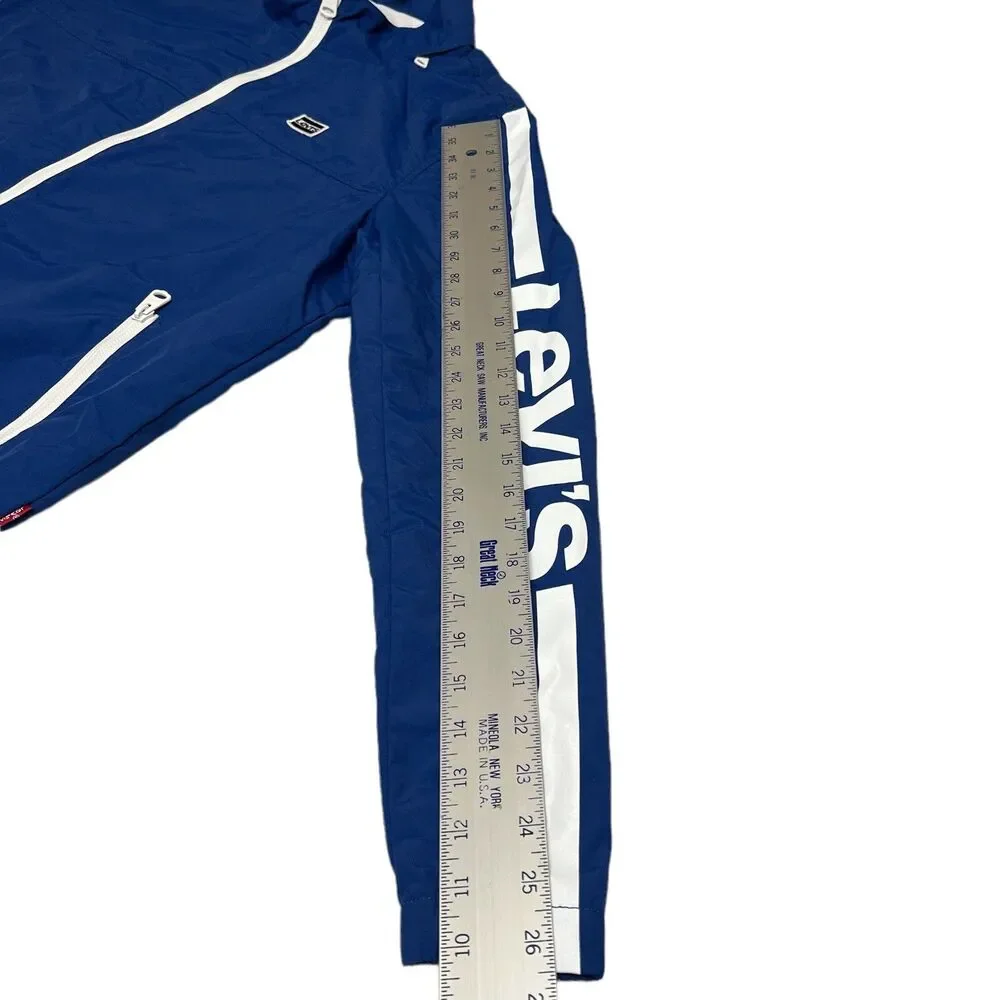 Levis Jacket Mens L Blue Stand Collar Windbreaker Hoodie‎ Spellout Lightweight